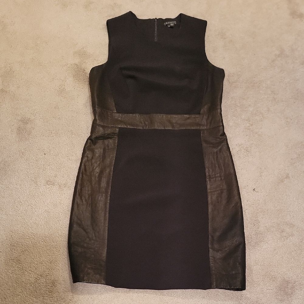 Theory Black Faux Leather Trimmed Sleeveless Dress Sz 10 - Picture 4 of 10